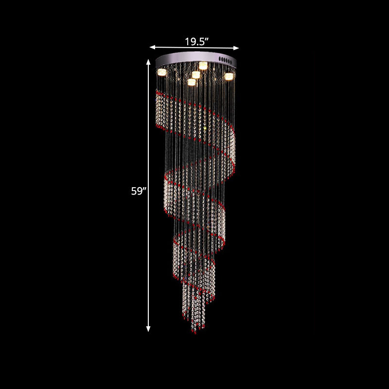5 Bulbs Spiral Cascades Hanging Lamp Modernism Silver Clear and Red Crystal LED Multi Light Pendant