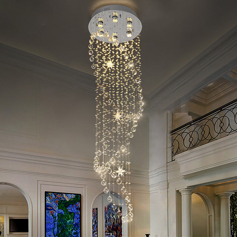 Crystal Silver LED Cluster Pendant Light Waterfall 6 Heads Modern Ceiling Suspension Lamp