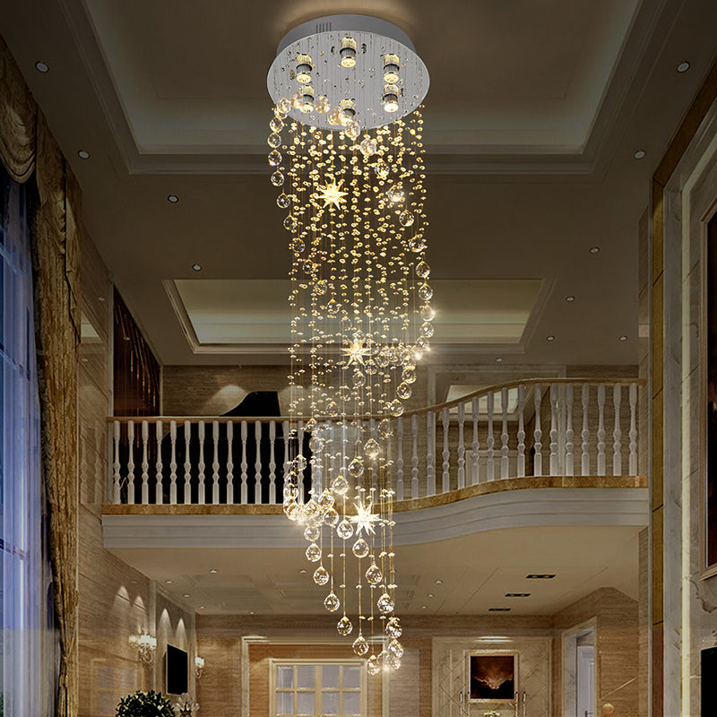 Crystal Silver LED Cluster Pendant Light Waterfall 6 Heads Modern Ceiling Suspension Lamp