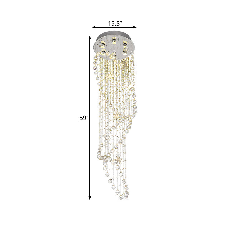 Crystal Silver LED Cluster Pendant Light Waterfall 6 Heads Modern Ceiling Suspension Lamp