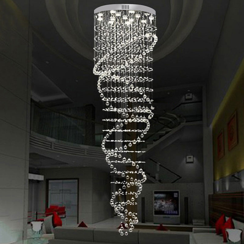 Clear Crystal Cascades Hanging Light Contemporary 13-Light Stair LED Multi Lamp Pendant in Silver