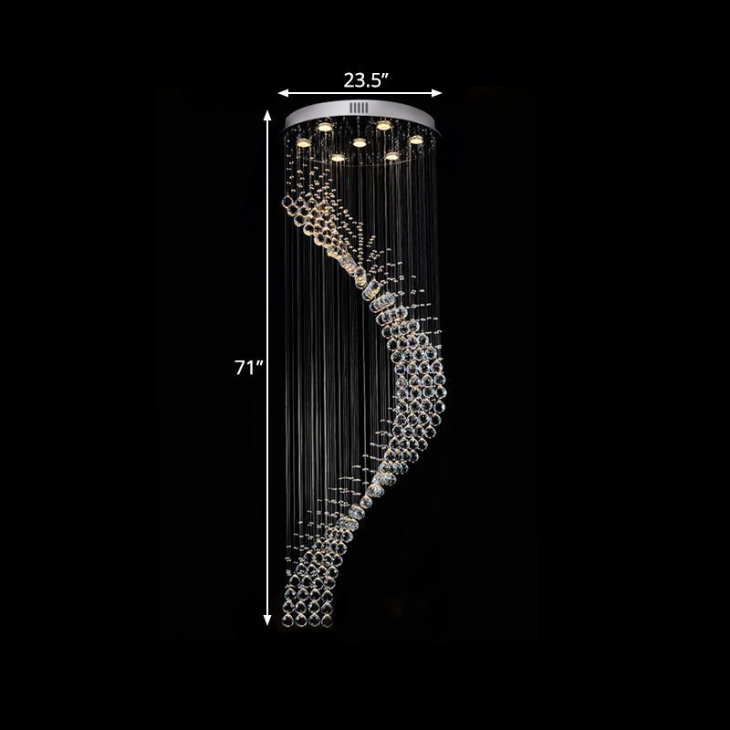 Luz de techo múltiple espiral modernista 7 Bombullas Lámpara colgante de cristal en plata