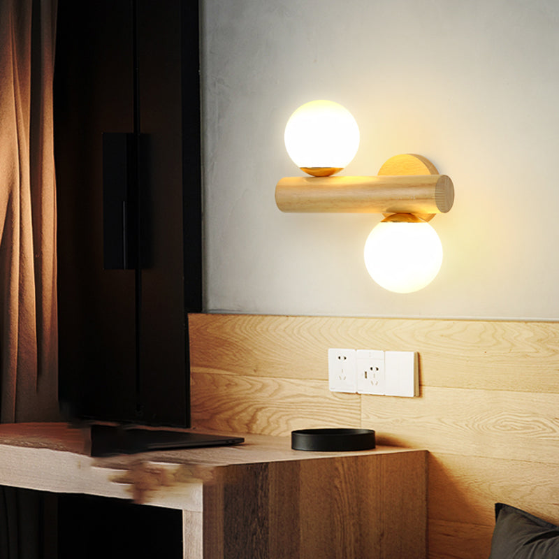 Iluminación de pared de madera de 2 luces lámpara de pared de globo moderna con sombra de vidrio