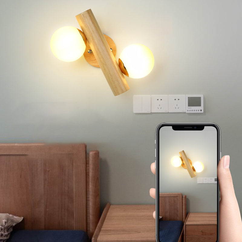 Iluminación de pared de madera de 2 luces lámpara de pared de globo moderna con sombra de vidrio