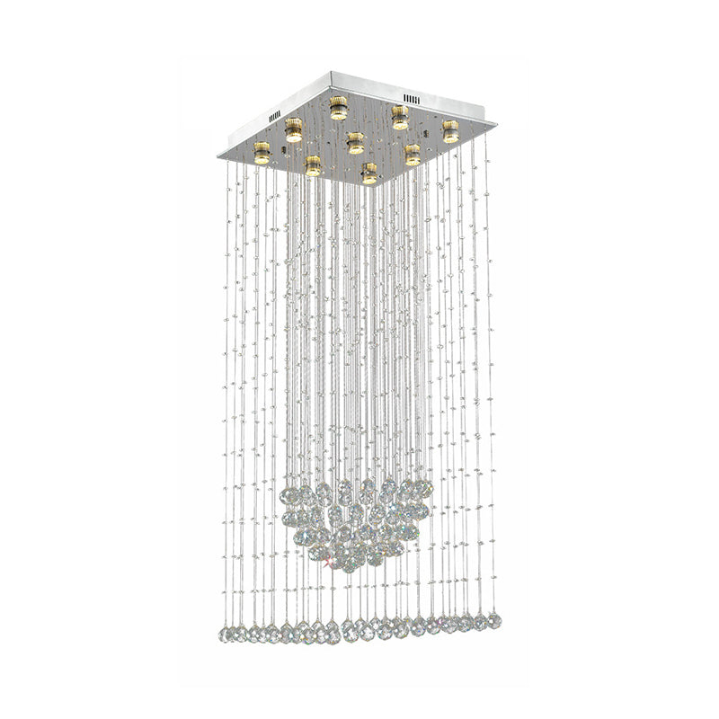 Modernist Waterfall Pendant Light 9-Bulb Crystal LED Multi Ceiling Lamp in Silver with Square Canopy