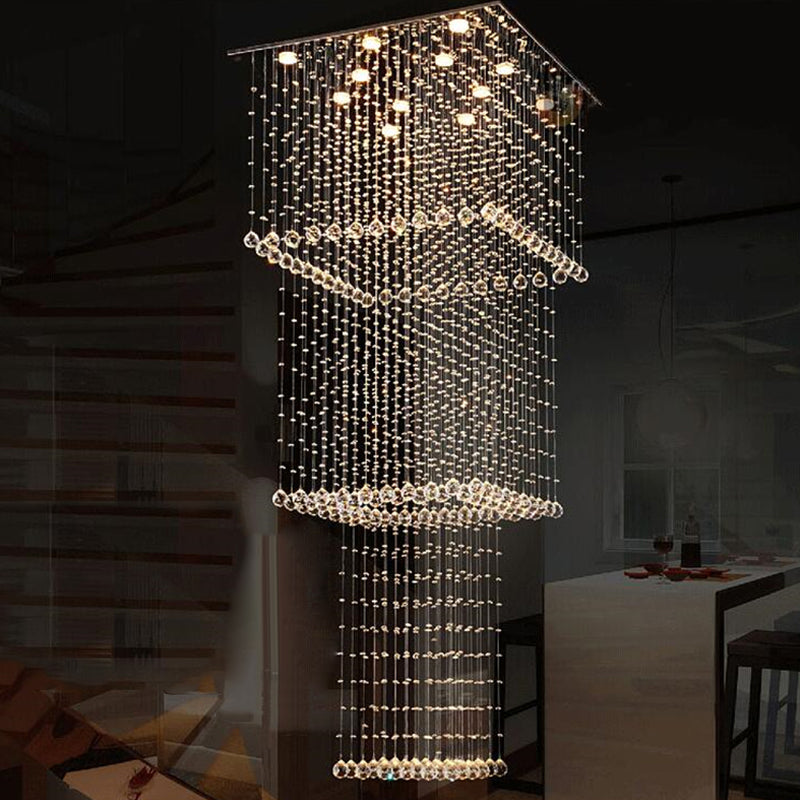 Silver 13-Head LED Hanging Light Modernism Crystal Square Multi Pendant Light Fixture