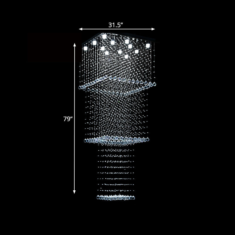 Silver 13-Head LED Hanging Light Modernism Crystal Square Multi Pendant Light Fixture