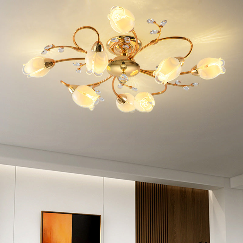 Traditional Flower Shaped Ceiling Light Glass Shade Flush Mount Light for Living Room