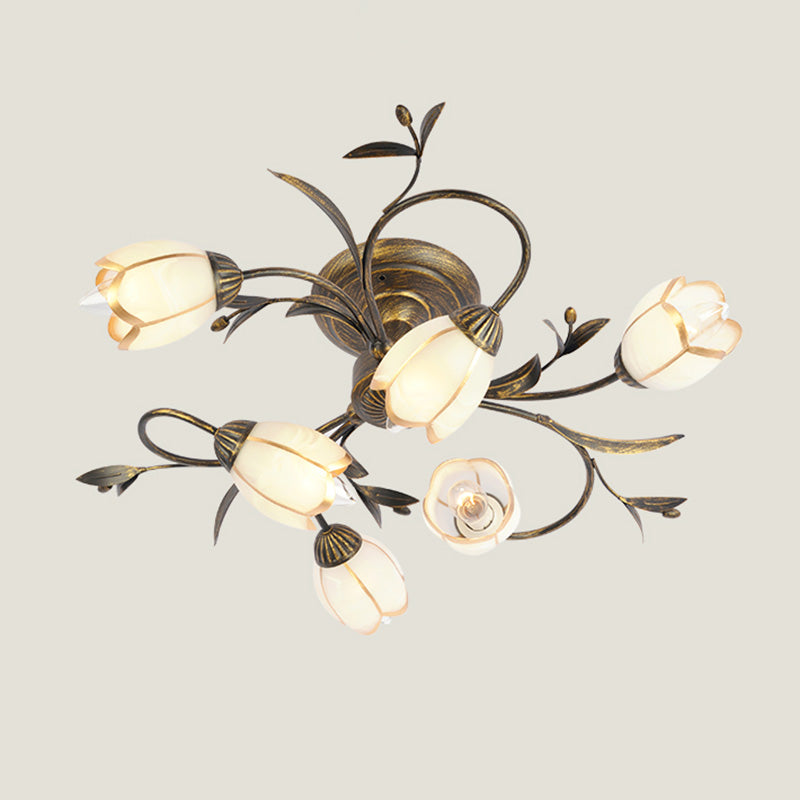 Traditional Flower Shaped Ceiling Light Glass Shade Flush Mount Light for Living Room
