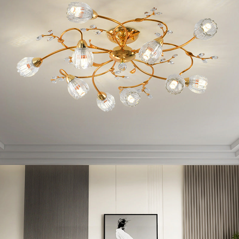 Traditional Flower Shaped Ceiling Light Glass Shade Flush Mount Light for Living Room