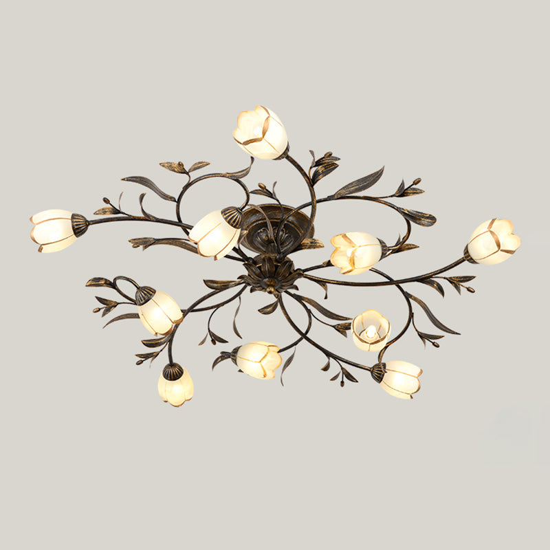 Traditional Flower Shaped Ceiling Light Glass Shade Flush Mount Light for Living Room