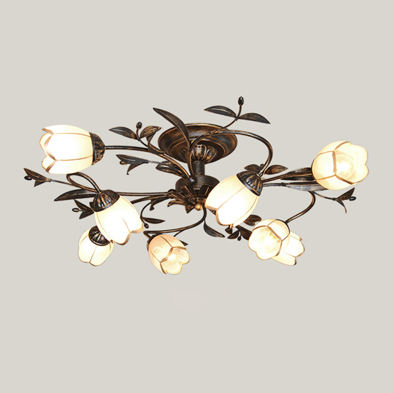 Traditional Flower Shaped Ceiling Light Glass Shade Flush Mount Light for Living Room