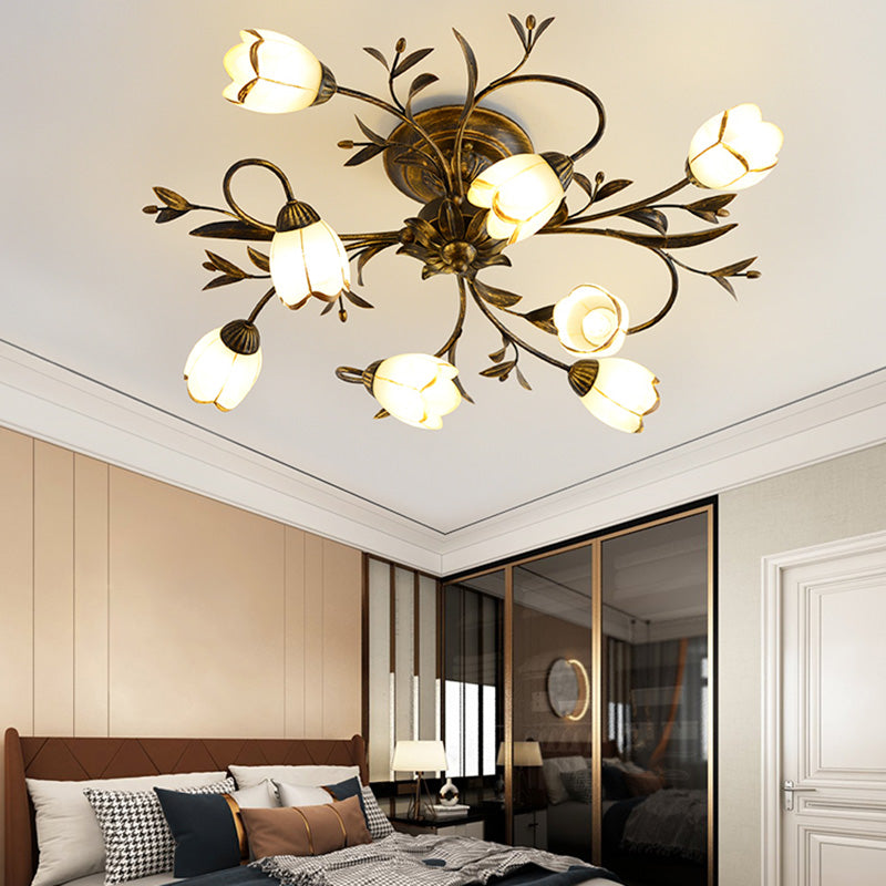 Traditional Flower Shaped Ceiling Light Glass Shade Flush Mount Light for Living Room