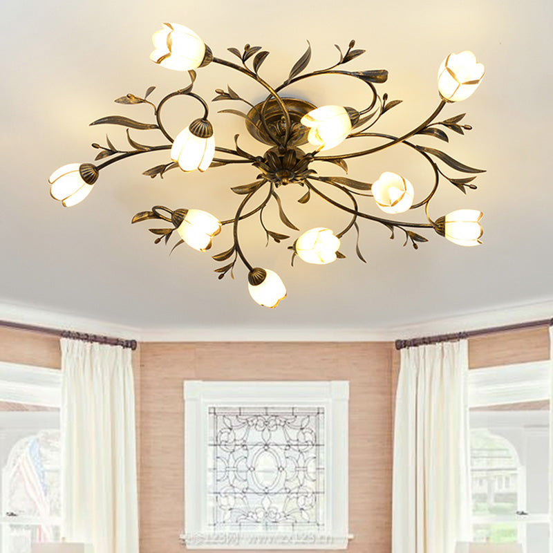 Traditional Flower Shaped Ceiling Light Glass Shade Flush Mount Light for Living Room
