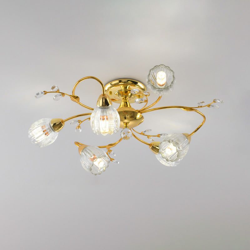 Traditional Flower Shaped Ceiling Light Glass Shade Flush Mount Light for Living Room