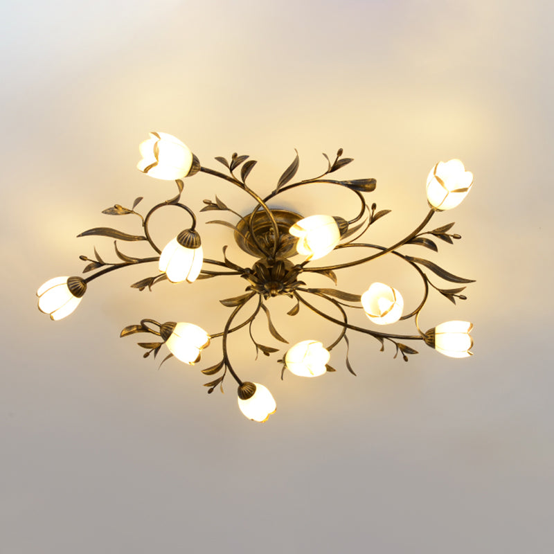 Traditional Flower Shaped Ceiling Light Glass Shade Flush Mount Light for Living Room