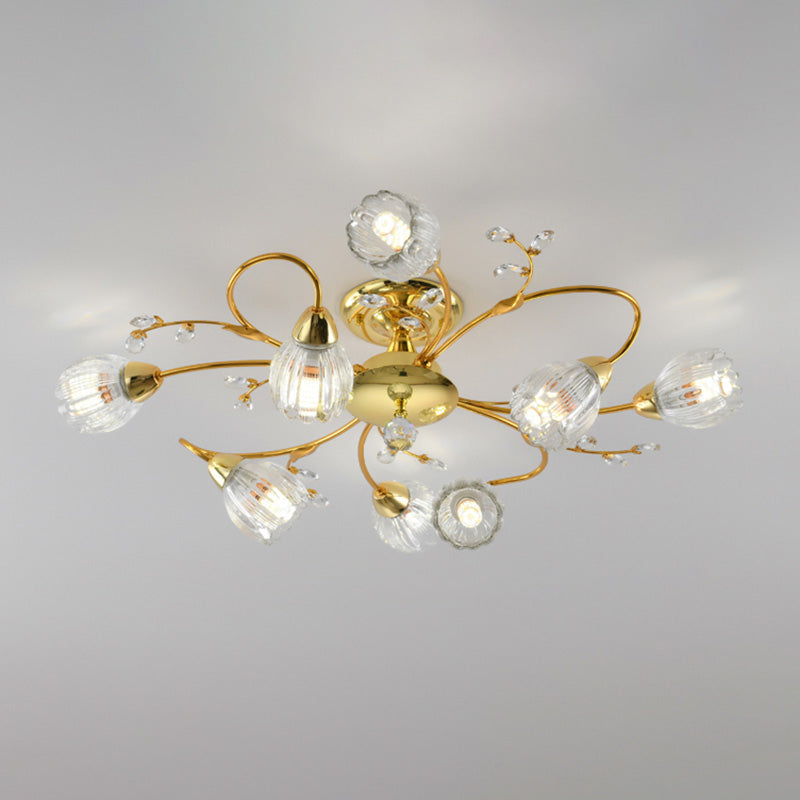Traditional Flower Shaped Ceiling Light Glass Shade Flush Mount Light for Living Room