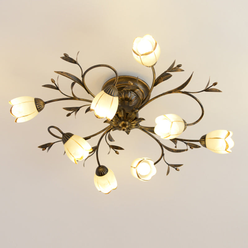Traditional Flower Shaped Ceiling Light Glass Shade Flush Mount Light for Living Room