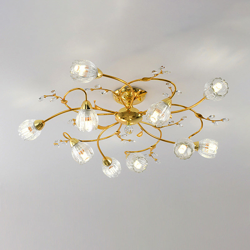 Traditional Flower Shaped Ceiling Light Glass Shade Flush Mount Light for Living Room