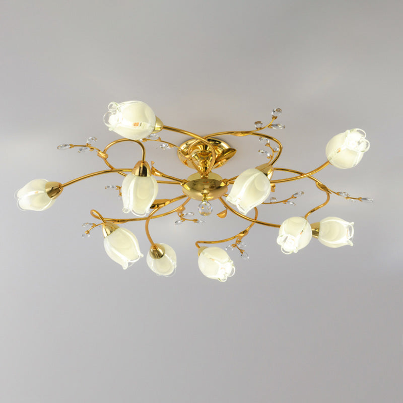 Traditional Flower Shaped Ceiling Light Glass Shade Flush Mount Light for Living Room