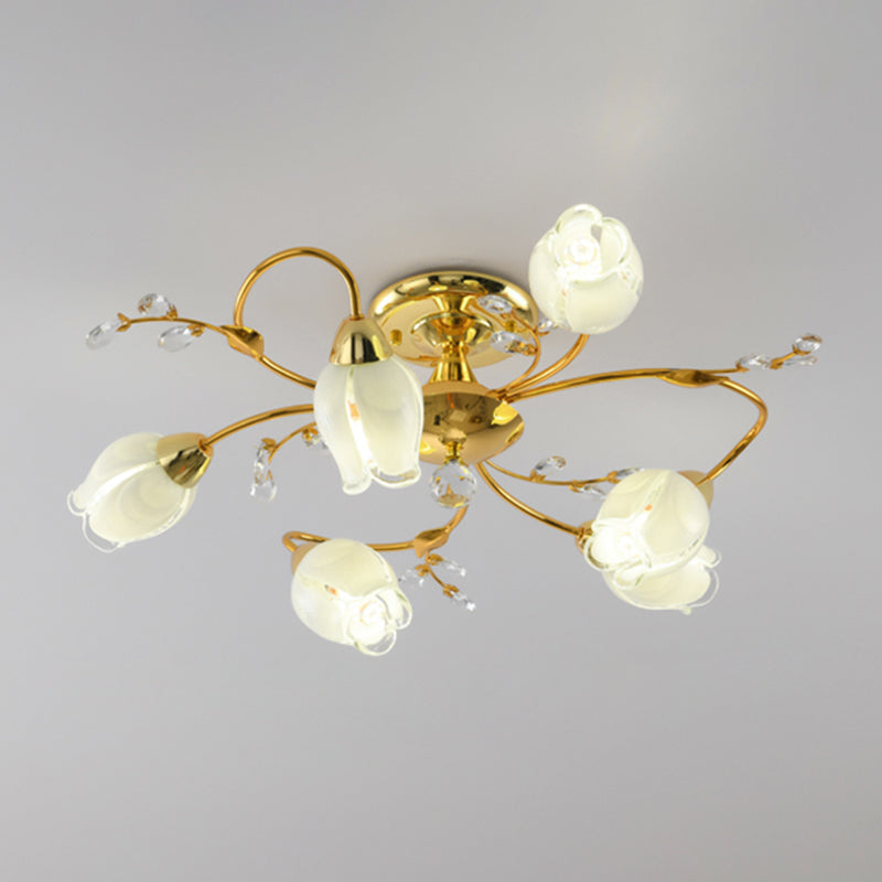 Traditional Flower Shaped Ceiling Light Glass Shade Flush Mount Light for Living Room