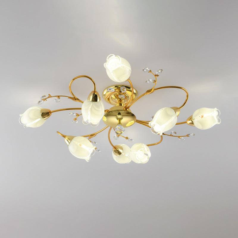 Traditional Flower Shaped Ceiling Light Glass Shade Flush Mount Light for Living Room