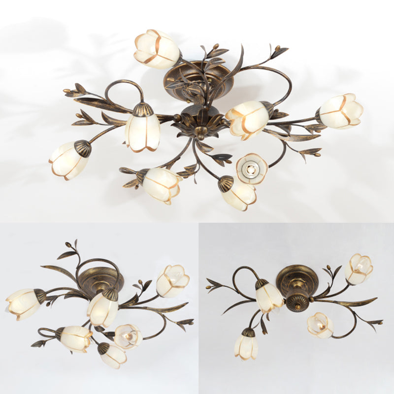 Traditional Flower Shaped Ceiling Light Glass Shade Flush Mount Light for Living Room