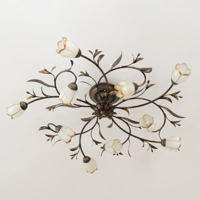 Traditional Flower Shaped Ceiling Light Glass Shade Flush Mount Light for Living Room
