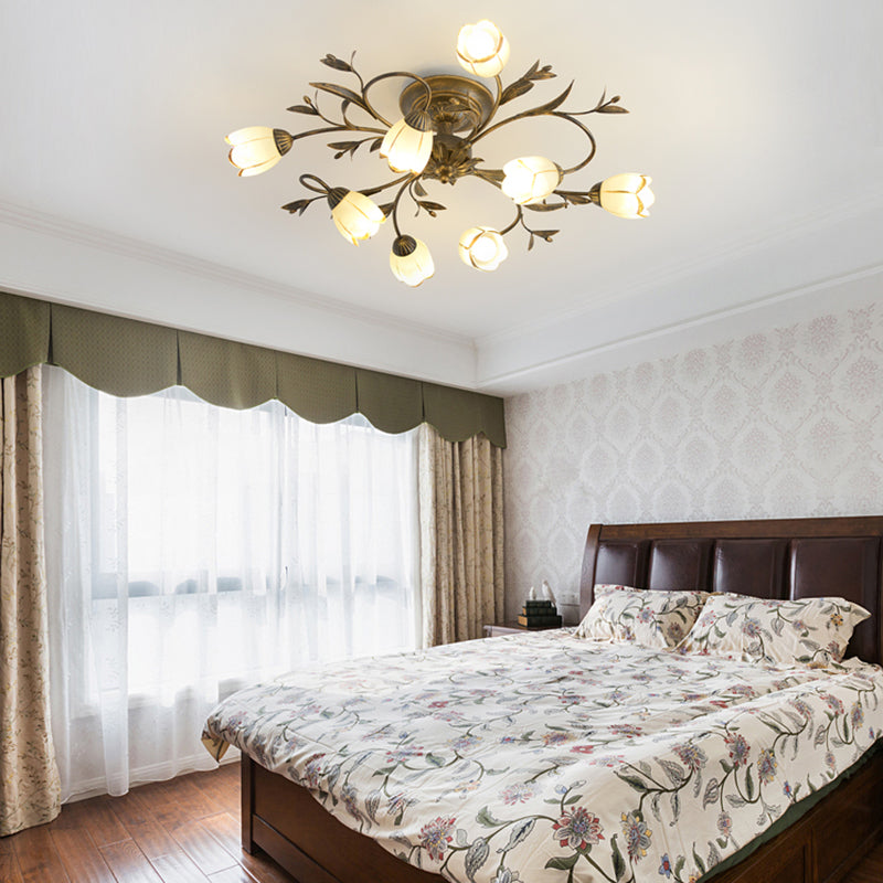 Traditional Flower Shaped Ceiling Light Glass Shade Flush Mount Light for Living Room