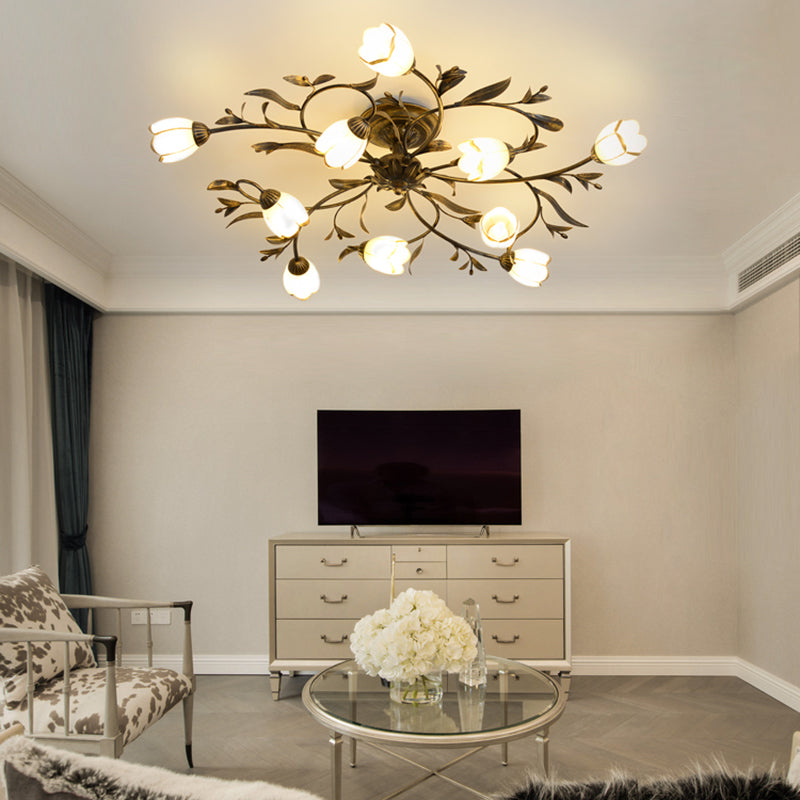 Traditional Flower Shaped Ceiling Light Glass Shade Flush Mount Light for Living Room