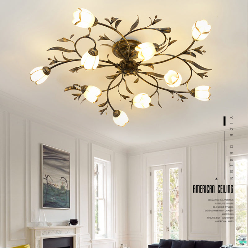 Traditional Flower Shaped Ceiling Light Glass Shade Flush Mount Light for Living Room