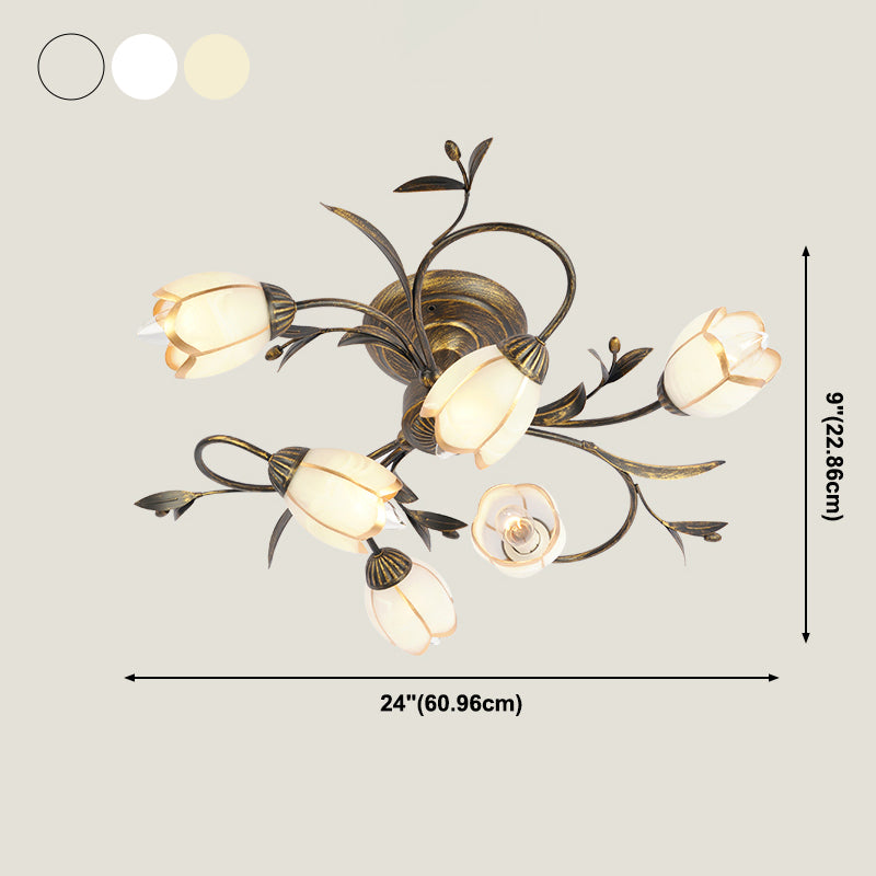 Traditional Flower Shaped Ceiling Light Glass Shade Flush Mount Light for Living Room