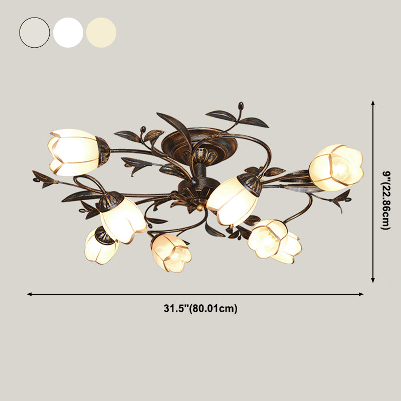 Traditional Flower Shaped Ceiling Light Glass Shade Flush Mount Light for Living Room