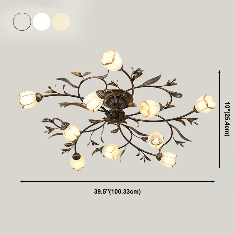 Traditional Flower Shaped Ceiling Light Glass Shade Flush Mount Light for Living Room