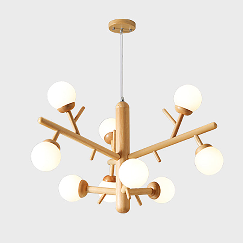 Lampadario ramo di legno moderno a ciondolo multi-testa con tonalità di vetro bianco