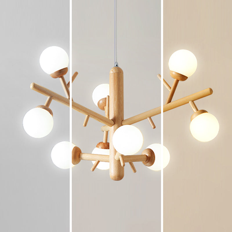 Lampadario ramo di legno moderno a ciondolo multi-testa con tonalità di vetro bianco