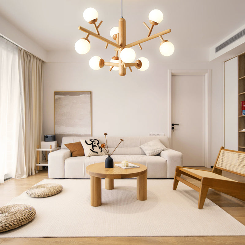 Lampadario ramo di legno moderno a ciondolo multi-testa con tonalità di vetro bianco