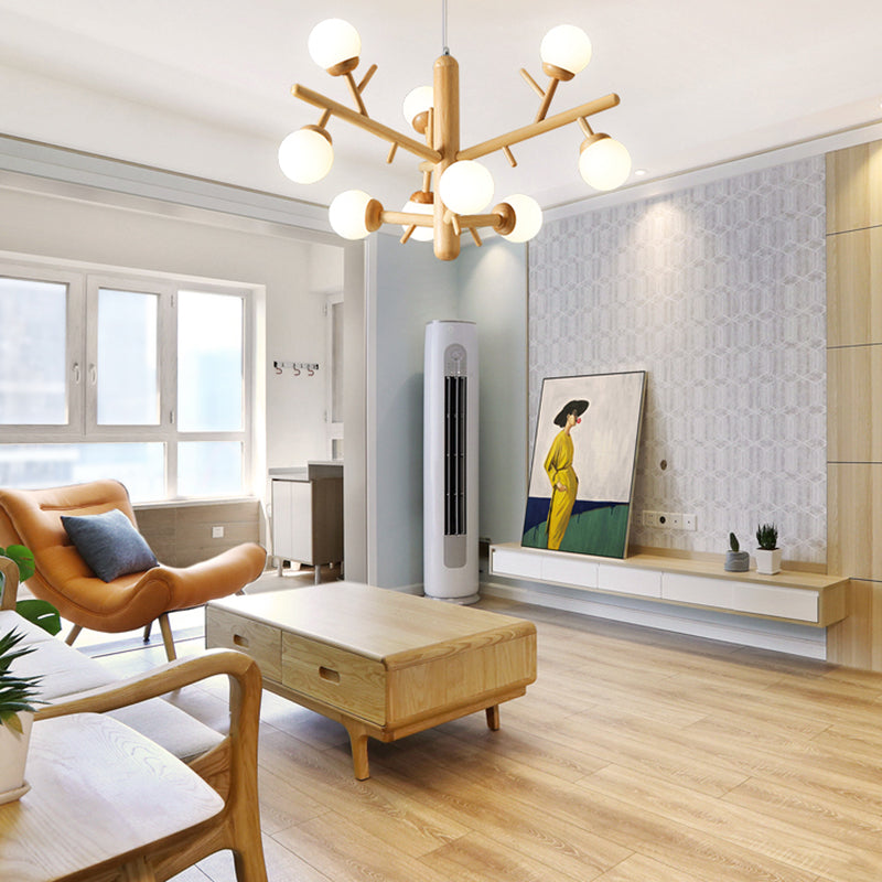 Lampadario ramo di legno moderno a ciondolo multi-testa con tonalità di vetro bianco