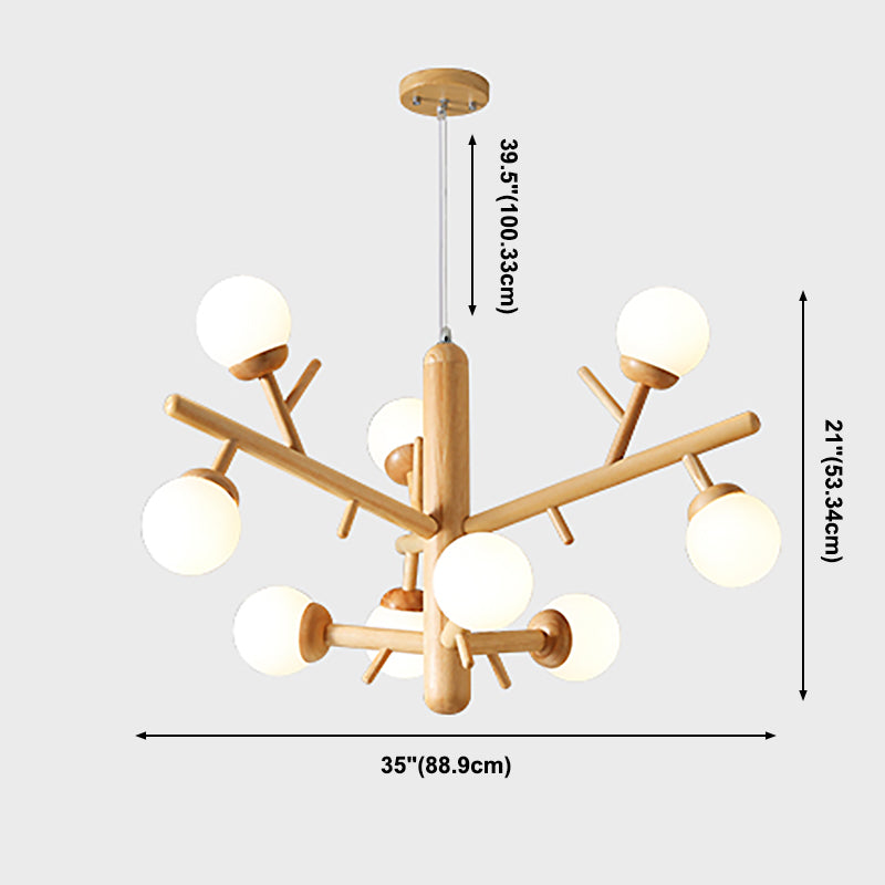 Wooden Branch Chandelier Modern Multi-Head  Pendant Lights with White Glass Shade