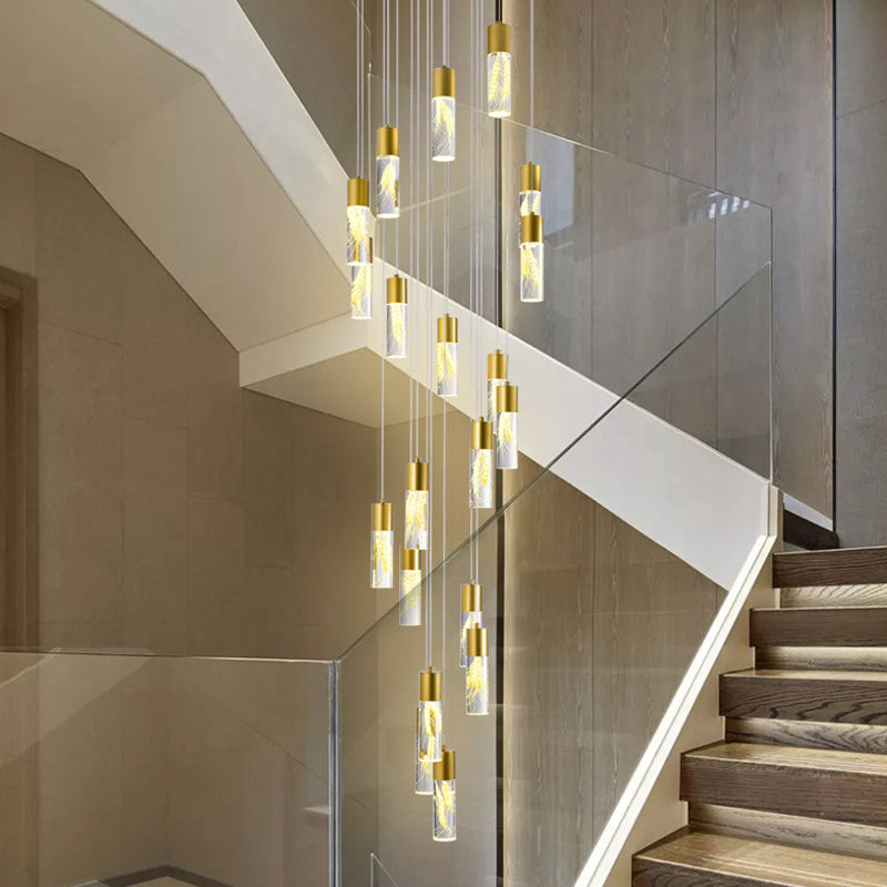 Gold 15/20-Head LED Hanging Light Modernism Acrylic Tube Multi Light Pendant Chandelier