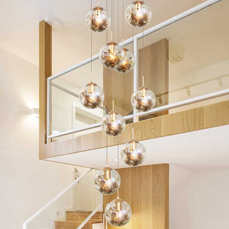 10 bollen Amber Dimpled Glass Pendant Contemporary Gold Ball Woonkamer Multi Light kroonluchter