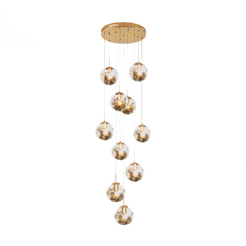 10 bollen Amber Dimpled Glass Pendant Contemporary Gold Ball Woonkamer Multi Light kroonluchter