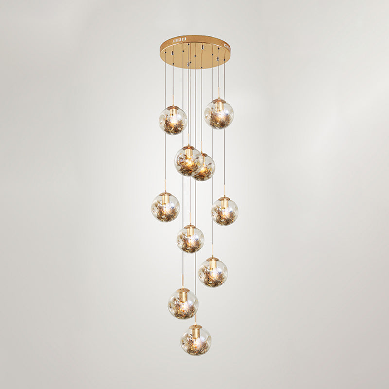 10 bollen Amber Dimpled Glass Pendant Contemporary Gold Ball Woonkamer Multi Light kroonluchter