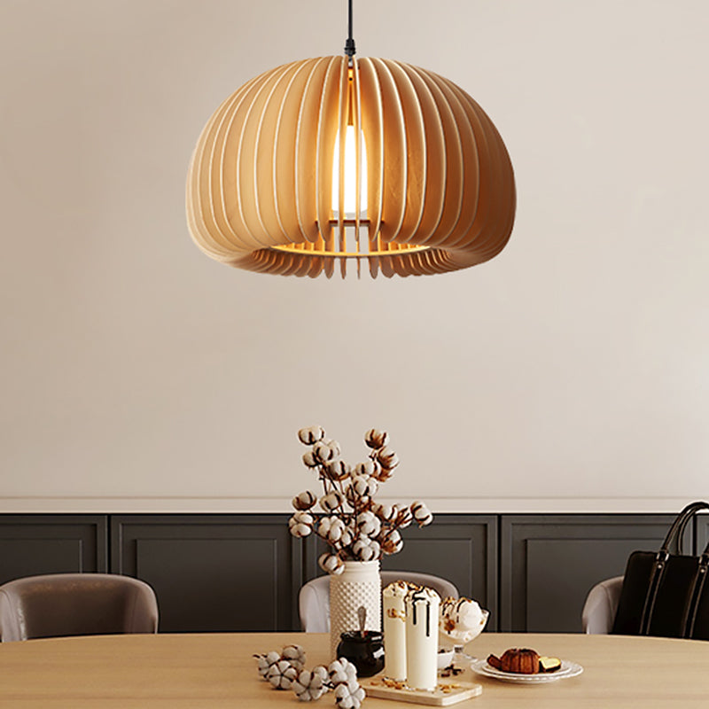Lampada a ciondolo a cupola in legno Moderna 1 testa da 16,5 "Luce di sospensione beige larga per il ristorante