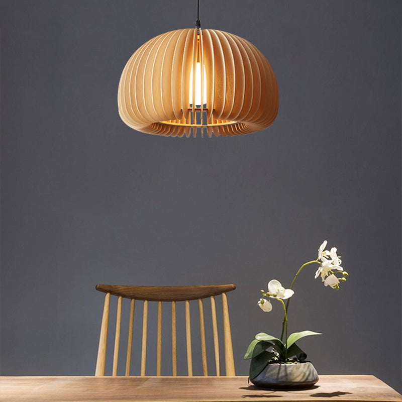 Lampada a ciondolo a cupola in legno Moderna 1 testa da 16,5 "Luce di sospensione beige larga per il ristorante