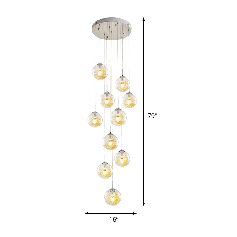 10-Head Multi Light Pendant Modernism Stair Suspension Lamp with Sphere Clear Glass Shade in Silver