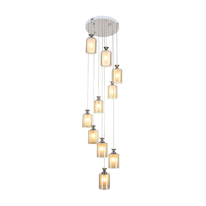 Silver Globe/Cylinder Cluster Pendant Modern Clear Glass 10-Light Stair Ceiling Hang Fixture