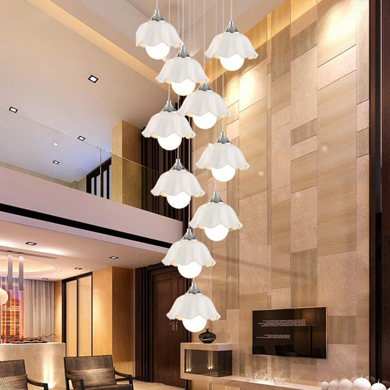 White Glass Scalloped Suspension Light Contemporary 10 Lights Living Room Multi Pendant Lamp