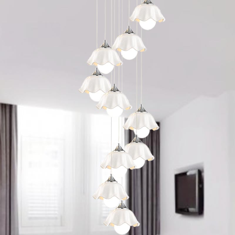 White Glass Scalloped Suspension Light Contemporary 10 Lights Living Room Multi Pendant Lamp