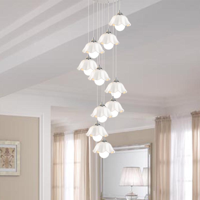 White Glass Scalloped Suspension Light Contemporary 10 Lights Living Room Multi Pendant Lamp